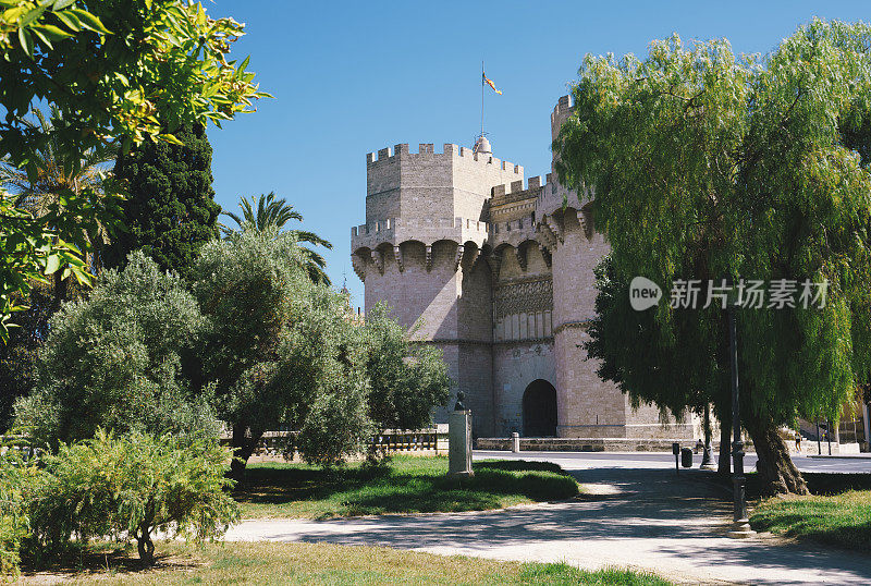 Túria Garden and Torres de Serranos city gate of Valencia Spain